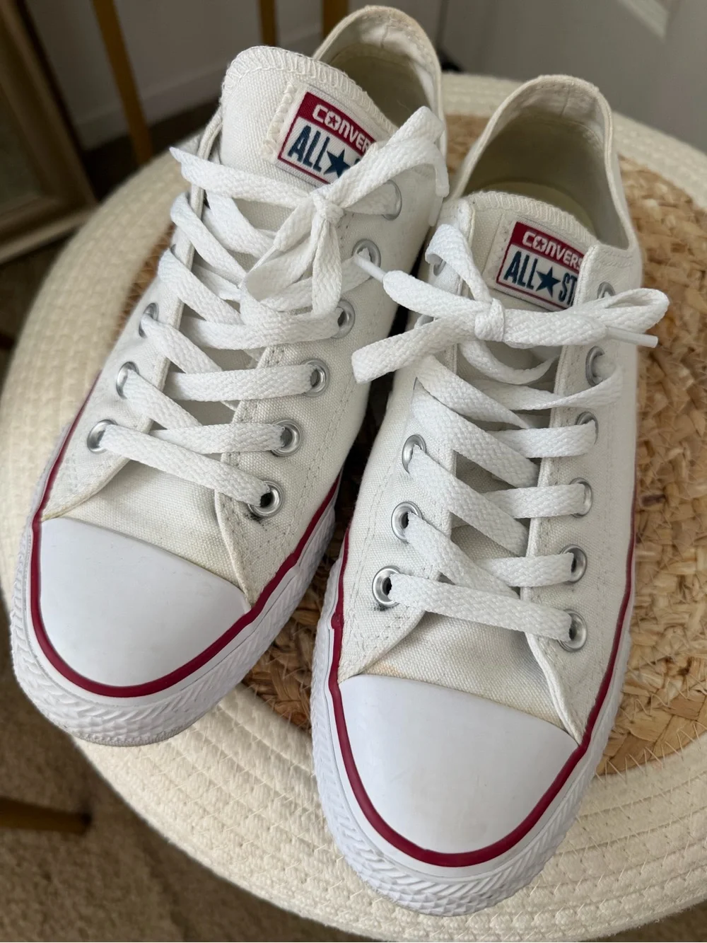 Converse women’s White Canvas Low Top Sneakers with Red & Navy Trim